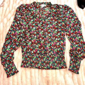 Rachel Zoe Green Floral V-Neck Tassel Tie Boho Peasant Blouse Women's M